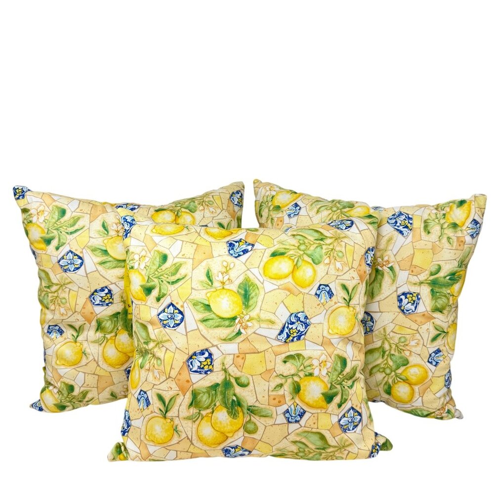Lemon Print Tuscan Mosaic Tile Cotton Fabric‎ Throw Pillows 16" Square - Set 3